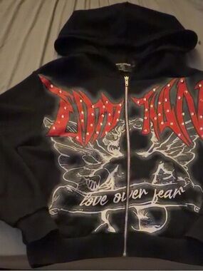 Mixed Emotions Black Zip-Up Hoodie with Red Studded Graphic Oversized